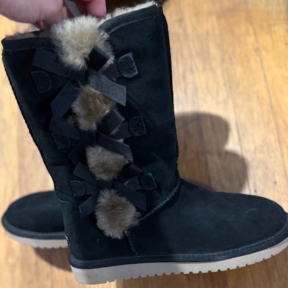 Koolaburra Black Suede Winter Boots with Fur Pom-Poms